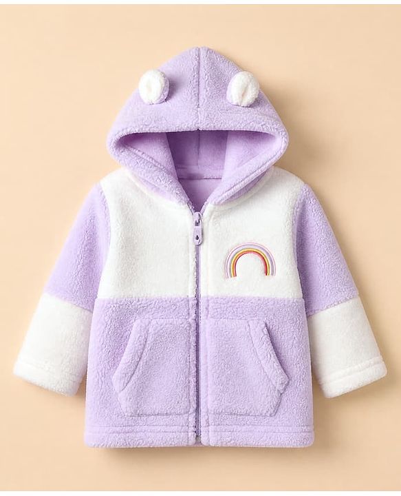 Babyhug Fur Woven Full Sleeves Winter Hooded Sweatshirt And Pant With Rainbow Embroidery - Lavender