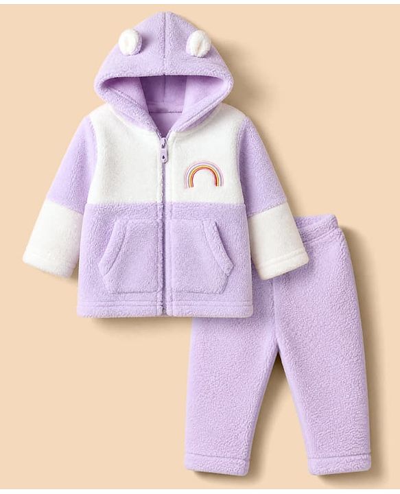 Babyhug Fur Woven Full Sleeves Winter Hooded Sweatshirt And Pant With Rainbow Embroidery - Lavender