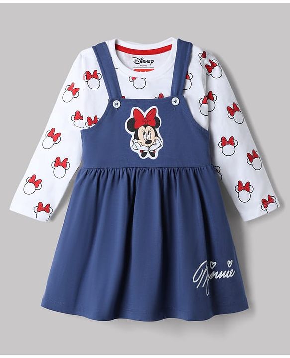 Babyhug Disney 100% Cotton Single Jersey Knit Frock and T-Shirt with Full Sleeves and Minnie Mouse Print in Navy Blue