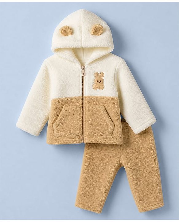 Babyhug Sherpa Fur Knit Woven Hooded Winter Wear Suit - Beige