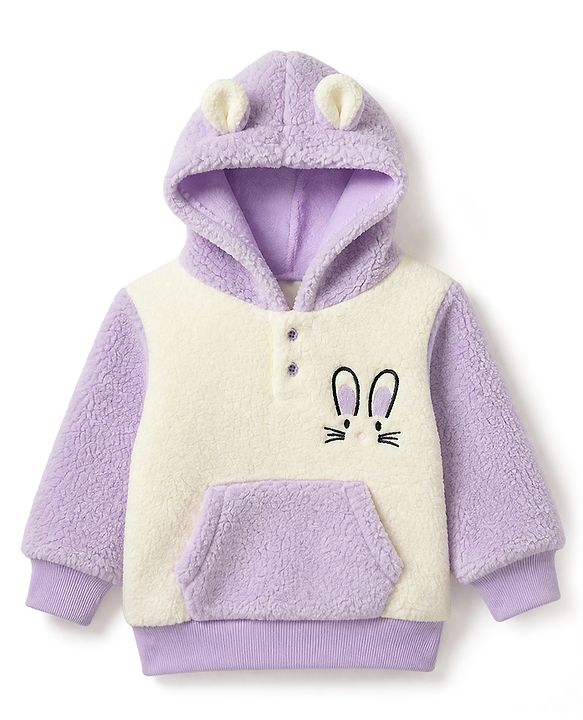 Babyhug Fur Woven Full Sleeves Winter Hooded Sweatshirt And Pant With Rabbit Embroidery - Lavender