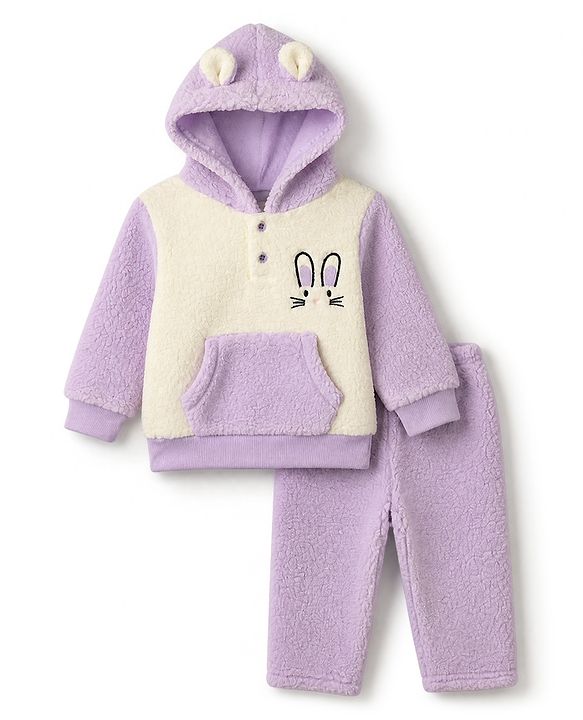 Babyhug Fur Woven Full Sleeves Winter Hooded Sweatshirt And Pant With Rabbit Embroidery - Lavender