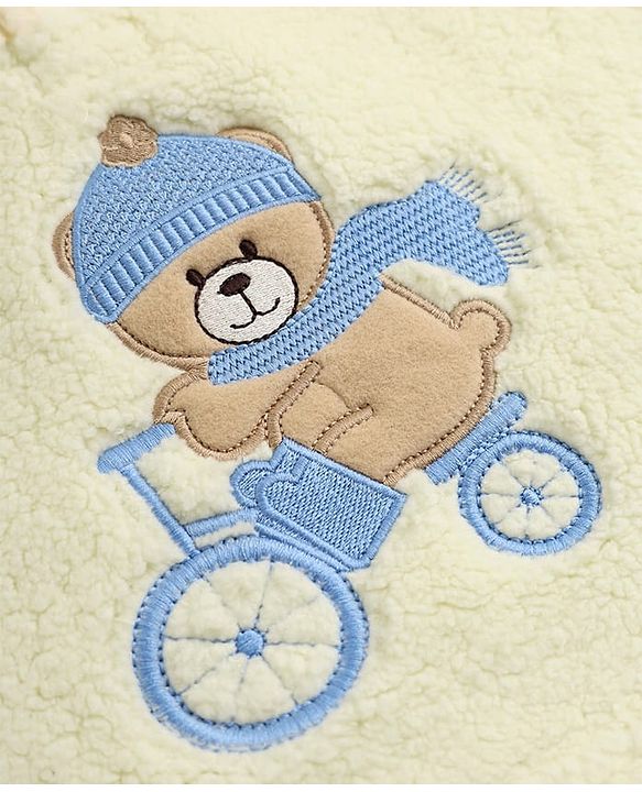 Babyhug Fur Woven Full Sleeves Winter Hooded Sweatshirt And Pant With Bear Patch - Yellow