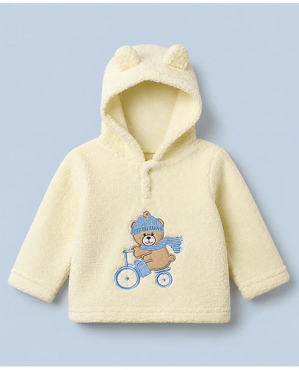Babyhug Fur Woven Full Sleeves Winter Hooded Sweatshirt And Pant With Bear Patch - Yellow