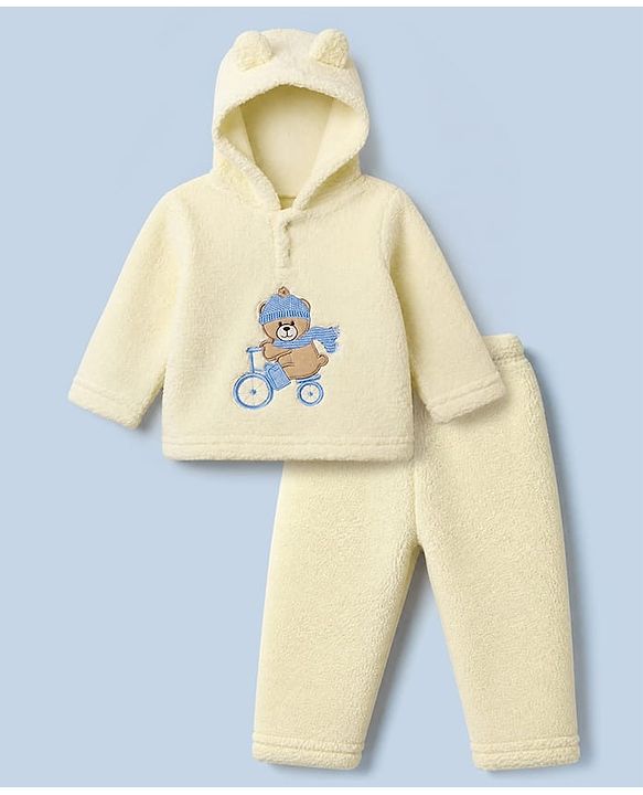 Babyhug Fur Woven Full Sleeves Winter Hooded Sweatshirt And Pant With Bear Patch - Yellow
