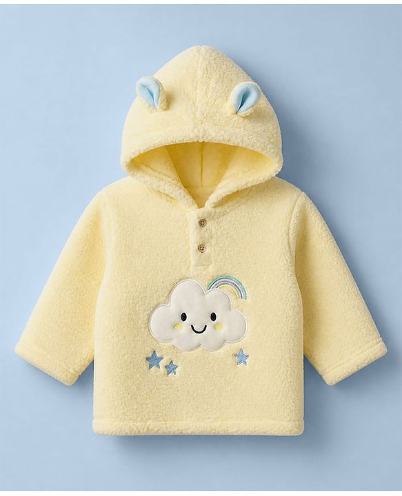 Babyhug Sherpa Fur Knit Hooded Winter Wear Suit Cloud Patch & Ear Applique - Light Yellow