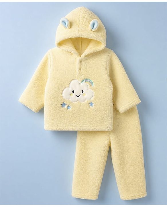Babyhug Sherpa Fur Knit Hooded Winter Wear Suit Cloud Patch & Ear Applique - Light Yellow