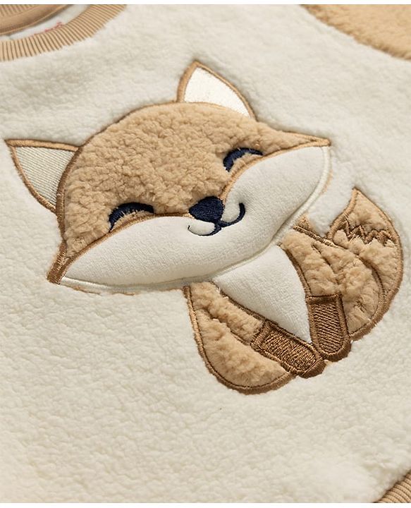 Babyhug Fur Woven Full Sleeves Winter Sweatshirt And Pant With Fox Patch - Beige