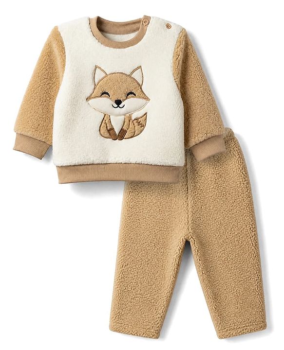 Babyhug Fur Woven Full Sleeves Winter Sweatshirt And Pant With Fox Patch - Beige