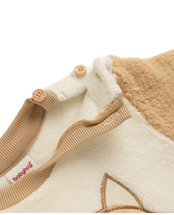 Babyhug Fur Woven Full Sleeves Winter Sweatshirt And Pant With Fox Patch - Beige