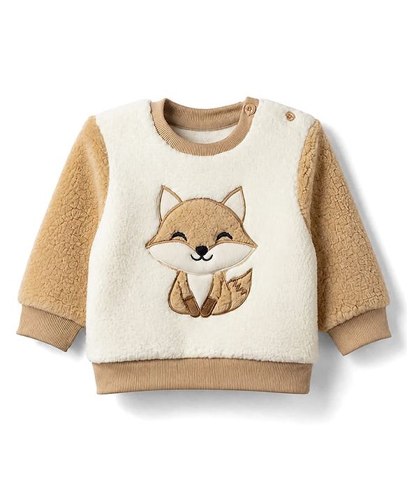 Babyhug Fur Woven Full Sleeves Winter Sweatshirt And Pant With Fox Patch - Beige