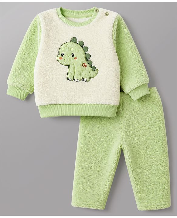 Babyhug Fur Woven Full Sleeves Winter Sweatshirt And Pant With Dino Patch - Green