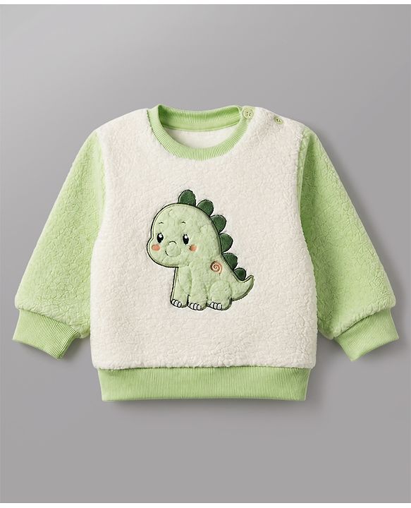 Babyhug Fur Woven Full Sleeves Winter Sweatshirt And Pant With Dino Patch - Green