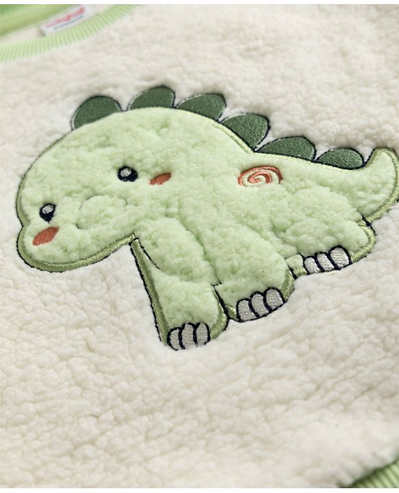 Babyhug Fur Woven Full Sleeves Winter Sweatshirt And Pant With Dino Patch - Green