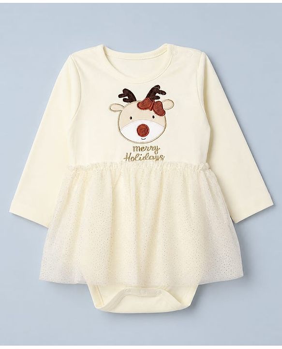 Babyhug 100% Cotton Interlock Knit Full Sleeves Onesie With Animal Patch - White