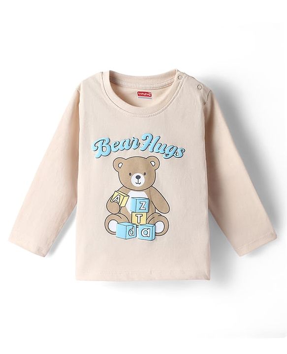 Babyhug 100% Cotton Knit T-Shirt with Full Sleeves and Bear Print in Offwhite