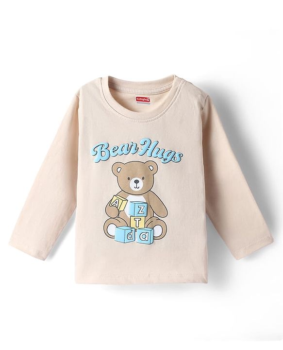 Babyhug 100% Cotton Knit T-Shirt with Full Sleeves and Bear Print in Offwhite