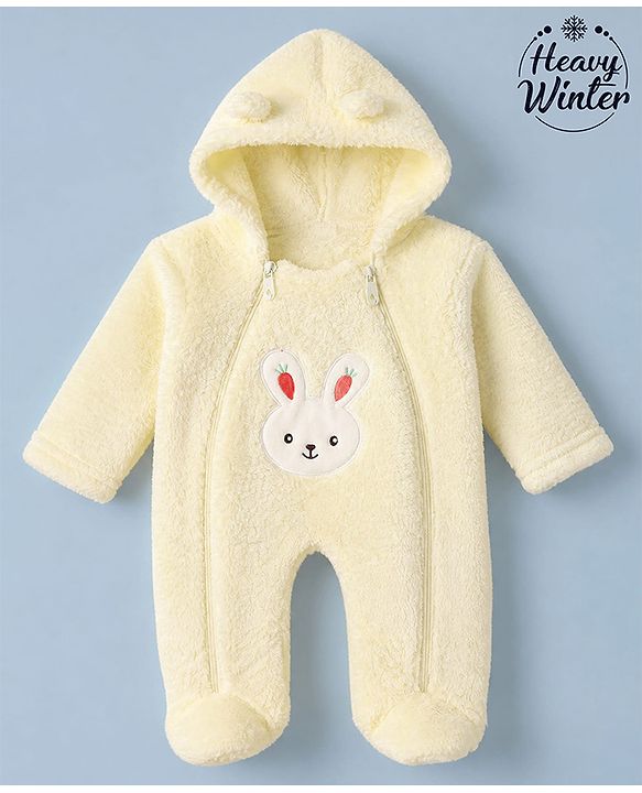 Babyhug Sherpa Fur Knit Full Sleeves Hooded Winter Romper With Bear Patch - Light yellow