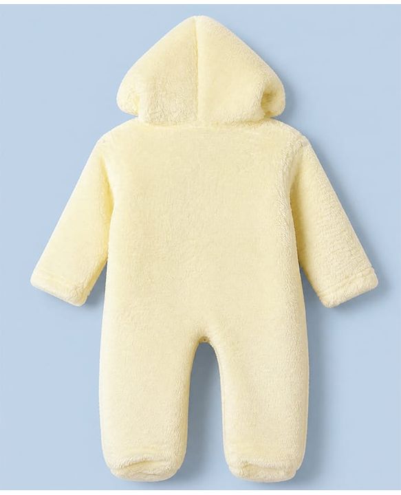 Babyhug Sherpa Fur Knit Full Sleeves Hooded Winter Romper With Bear Patch - Light yellow