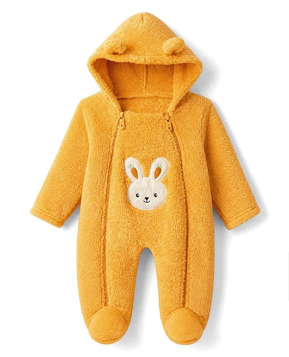 Babyhug Sherpa Fur Knit Full Sleeves Hooded Winter Romper With Bear Patch - Light yellow
