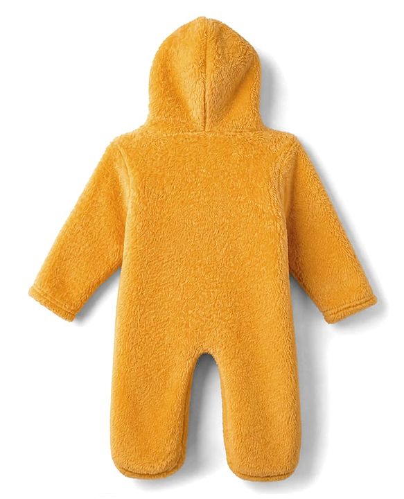 Babyhug Sherpa Fur Knit Full Sleeves Hooded Winter Romper With Bear Patch - Light yellow