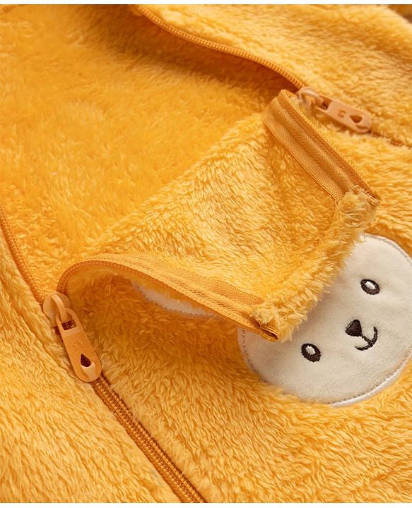 Babyhug Sherpa Fur Knit Full Sleeves Hooded Winter Romper With Bear Patch - Light yellow