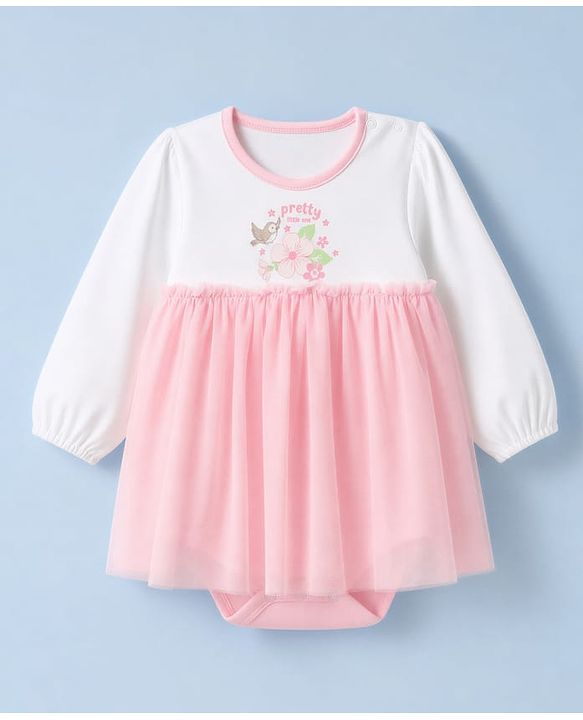 Babyhug 100% Cotton Interlock Knit Full Sleeves Onesie With Floral Print - Light Pink