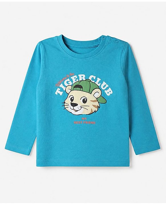 Babyhug 100% Cotton Knit T-Shirt with Full Sleeves and Tiger Print - Turquoise