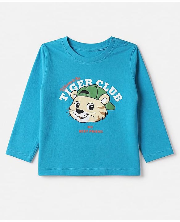 Babyhug 100% Cotton Knit T-Shirt with Full Sleeves and Tiger Print - Turquoise