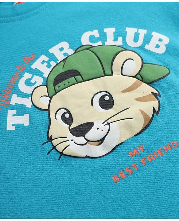 Babyhug 100% Cotton Knit T-Shirt with Full Sleeves and Tiger Print - Turquoise