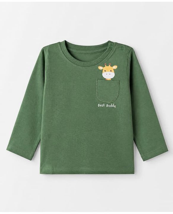 Babyhug 100% Cotton Knit T-Shirt with Full Sleeves and Giraffe Print in Green for 6-9 Months
