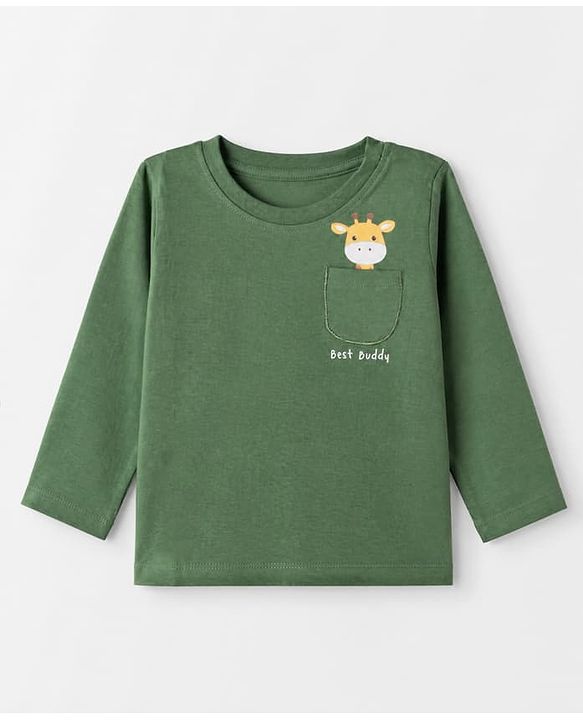 Babyhug 100% Cotton Knit T-Shirt with Full Sleeves and Giraffe Print in Green for 6-9 Months
