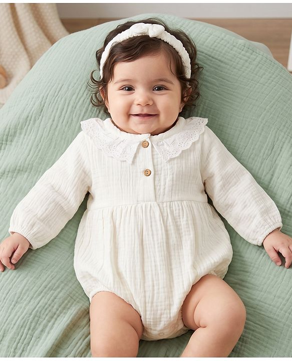 Babyhug 100% Cotton Interlock Knit Full Sleeves Onesies With Hair Band - White