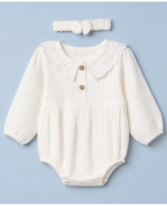 Babyhug 100% Cotton Interlock Knit Full Sleeves Onesies With Hair Band - White