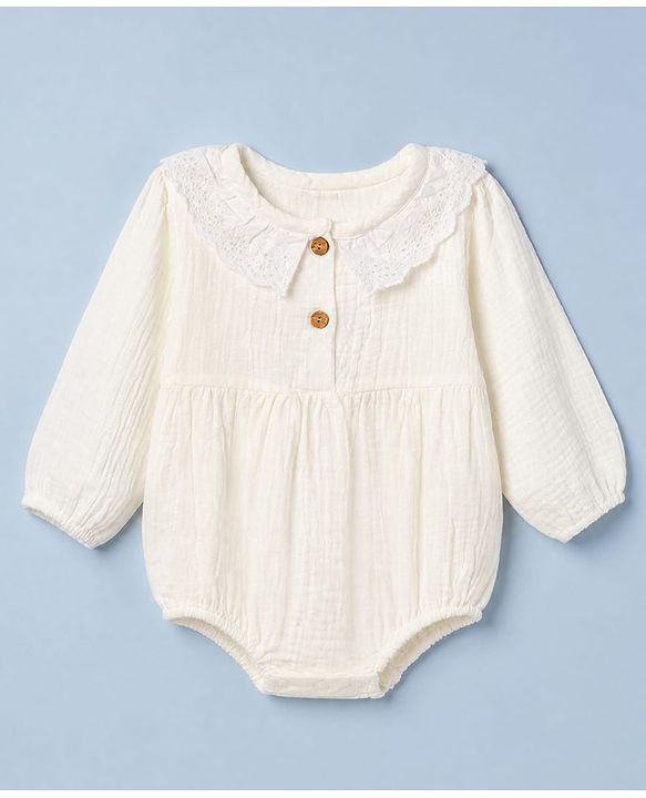 Babyhug 100% Cotton Interlock Knit Full Sleeves Onesies With Hair Band - White