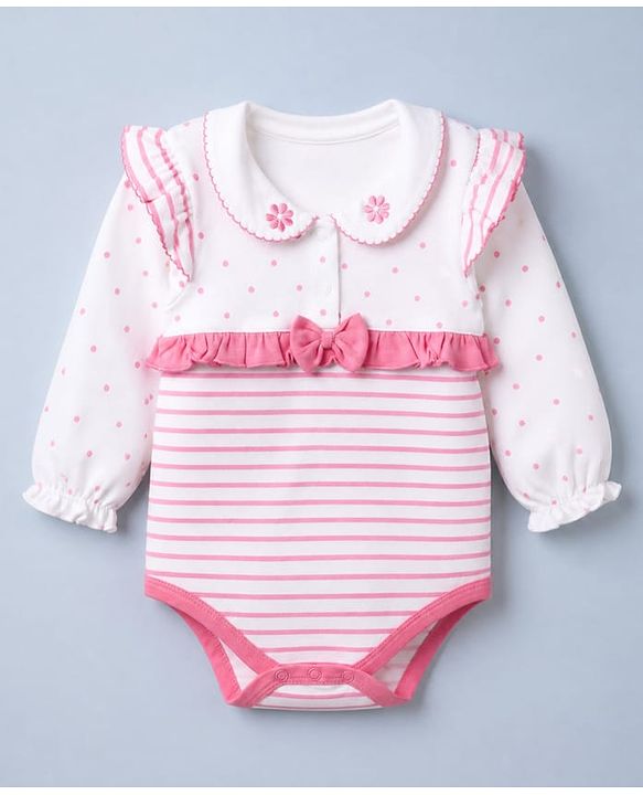 Babyhug 100% Cotton Interlock Knit Full Sleeves Striped Onesie with Polka Dots Print & Floral Embroidery with Bow - Dark Pink
