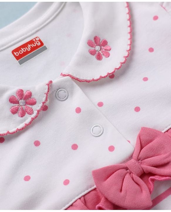 Babyhug 100% Cotton Interlock Knit Full Sleeves Striped Onesie with Polka Dots Print & Floral Embroidery with Bow - Dark Pink