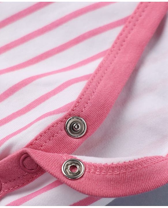 Babyhug 100% Cotton Interlock Knit Full Sleeves Striped Onesie with Polka Dots Print & Floral Embroidery with Bow - Dark Pink