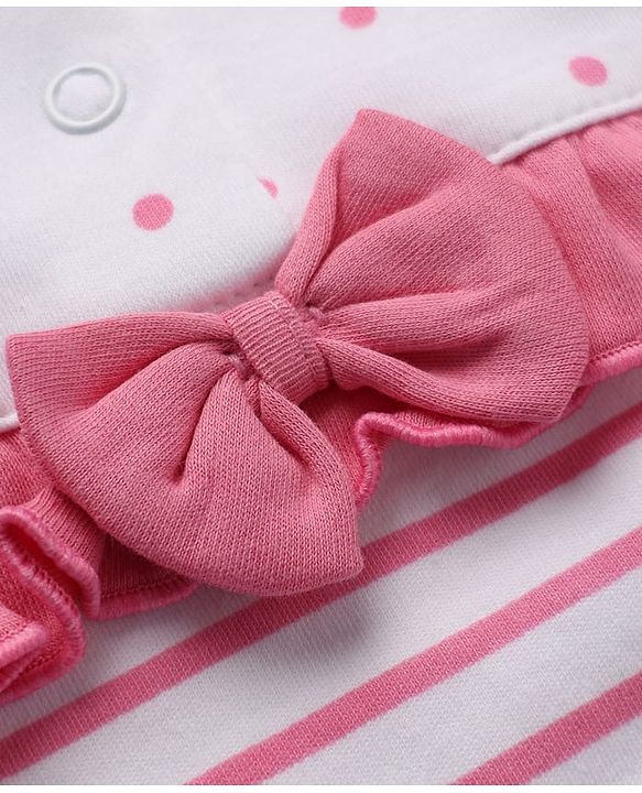 Babyhug 100% Cotton Interlock Knit Full Sleeves Striped Onesie with Polka Dots Print & Floral Embroidery with Bow - Dark Pink