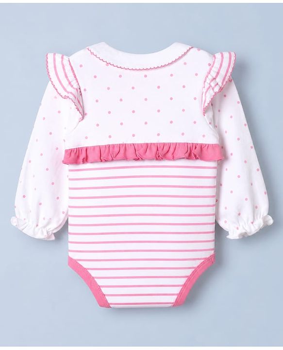 Babyhug 100% Cotton Interlock Knit Full Sleeves Striped Onesie with Polka Dots Print & Floral Embroidery with Bow - Dark Pink