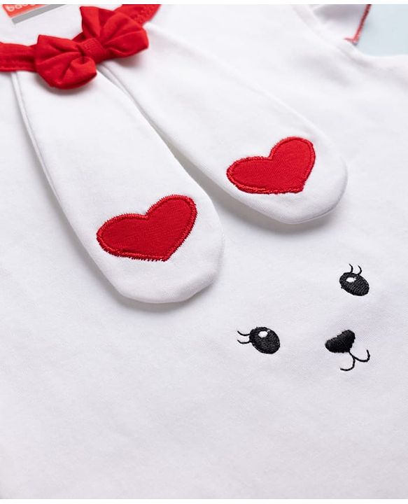 Babyhug 100% Cotton Interlock Knit Sleeveless Onesie With Bow Applique & Hearts & Animal Embroidery - White