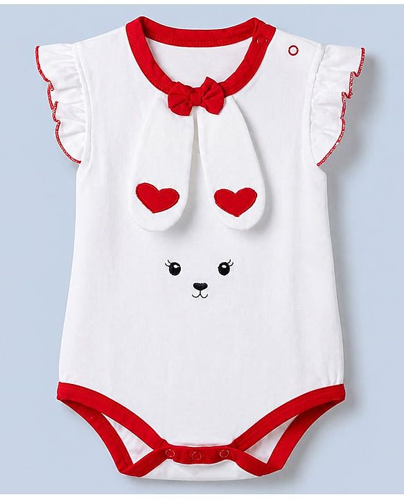 Babyhug 100% Cotton Interlock Knit Sleeveless Onesie With Bow Applique & Hearts & Animal Embroidery - White