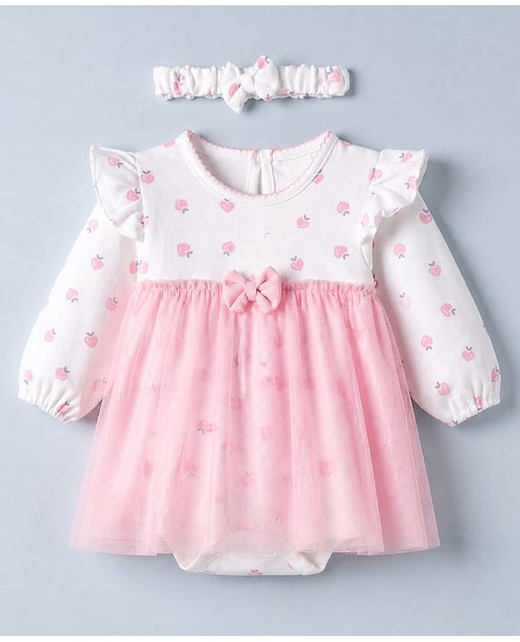 Babyhug 100% Cotton Interlock Knit Onesie and Hairband with Full Sleeves and Strawberry Print - Pink