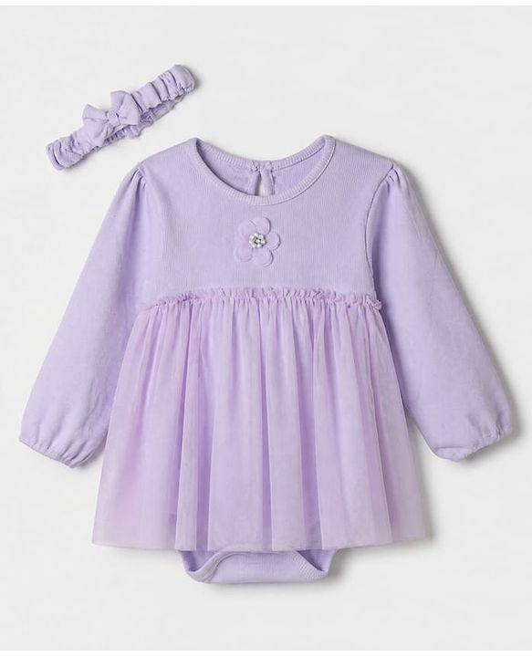 Babyhug 100% Cotton Knit interlock Onesie and Hairband with Full Sleeves and Flower Applique - Lavender