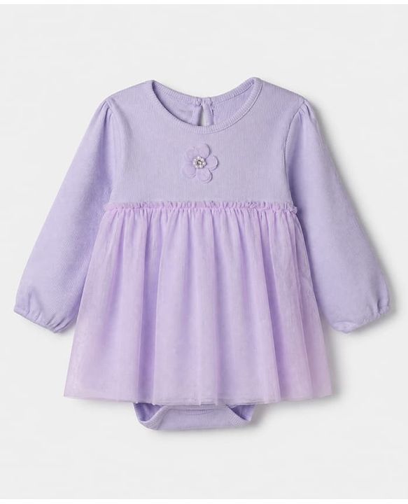 Babyhug 100% Cotton Knit interlock Onesie and Hairband with Full Sleeves and Flower Applique - Lavender