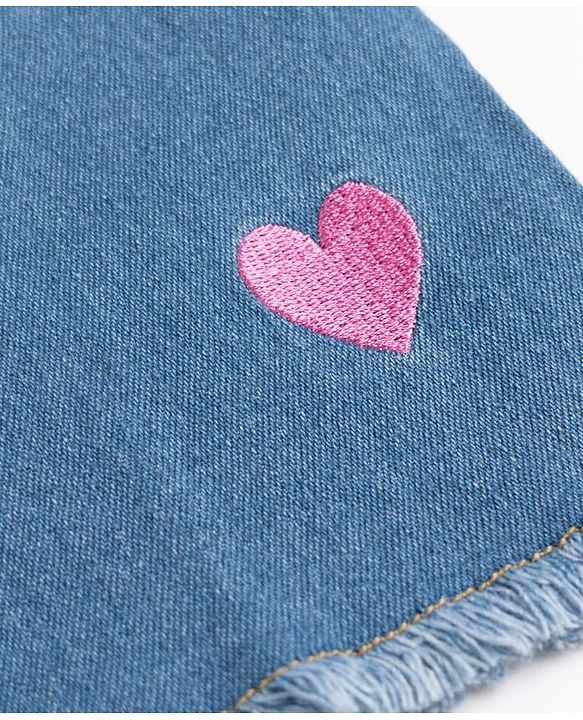 Pine Kids Woven Above Knee Length Denim Skirt With Heart Embroidery - Blue