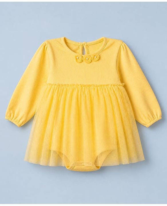 Babyhug 100% Cotton Interlock Knit Full Sleeves Frock Style Onesie With Floral Applique & Headbands - Yellow