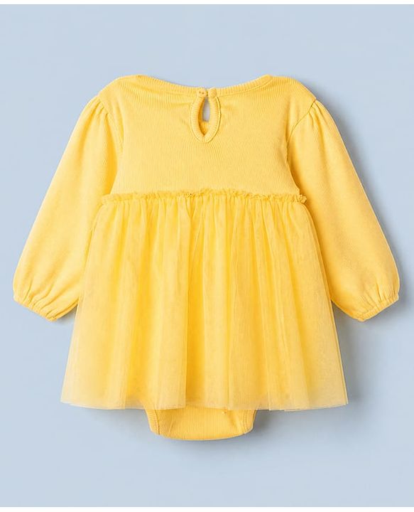 Babyhug 100% Cotton Interlock Knit Full Sleeves Frock Style Onesie With Floral Applique & Headbands - Yellow
