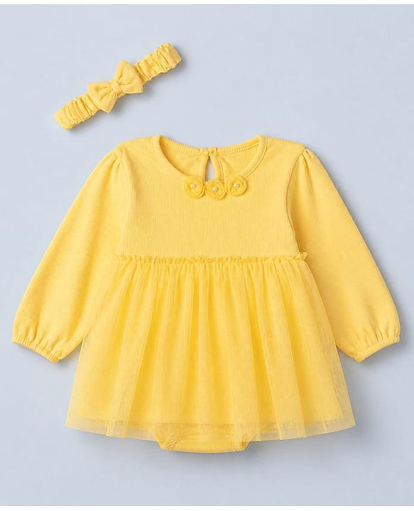 Babyhug 100% Cotton Interlock Knit Full Sleeves Frock Style Onesie With Floral Applique & Headbands - Yellow