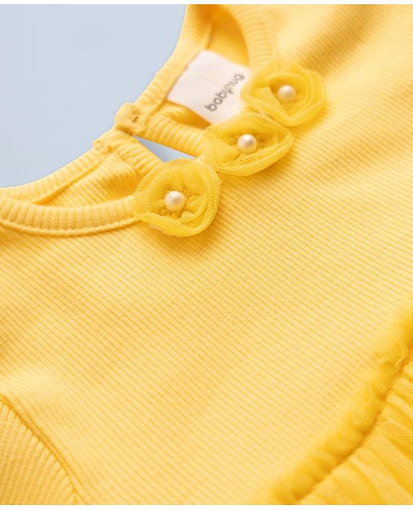 Babyhug 100% Cotton Interlock Knit Full Sleeves Frock Style Onesie With Floral Applique & Headbands - Yellow